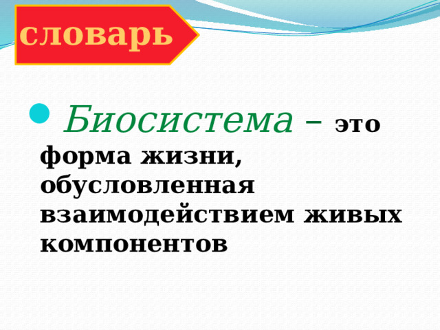 словарь Биосистема – это форма жизни, обусловленная взаимодействием живых компонентов 