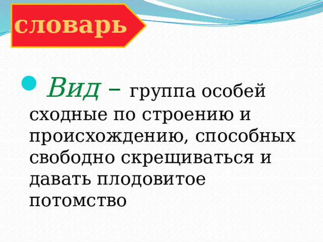 словарь Вид – группа особей сходные по строению и происхождению, способных свободно скрещиваться и давать плодовитое потомство 