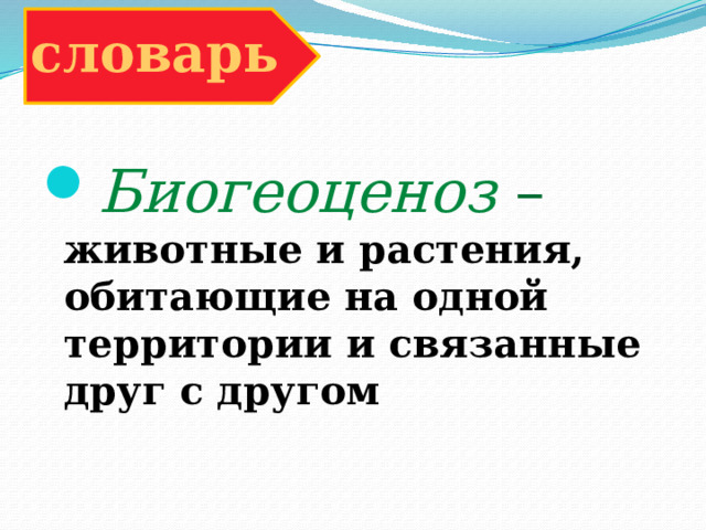 словарь Биогеоценоз – животные и растения, обитающие на одной территории и связанные друг с другом 