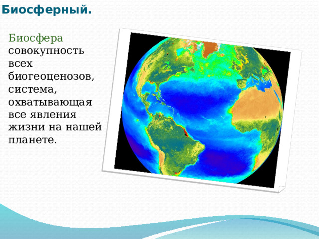 Биосферный.   Биосфера совокупность всех биогеоценозов, система, охватывающая все явления жизни на нашей планете. 