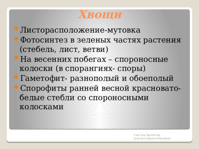 Хвощи Листорасположение-мутовка Фотосинтез в зеленых частях растения (стебель, лист, ветви) На весенних побегах – спороносные колоски (в спорангиях- споры) Гаметофит- разнополый и обоеполый Спорофиты ранней весной красновато-белые стебли со спороносными колосками Учитель биологии Деулина Ирина Юрьевна 