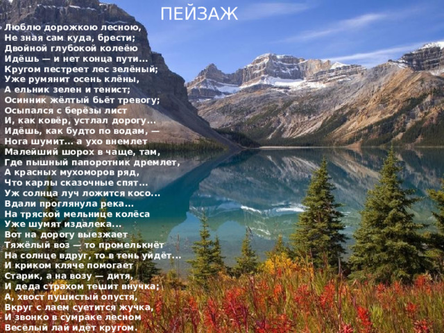 ПЕЙЗАЖ  Люблю дорожкою лесною, Не зная сам куда, брести; Двойной глубокой колеёю Идёшь — и нет конца пути... Кругом пестреет лес зелёный; Уже румянит осень клёны, А ельник зелен и тенист; Осинник жёлтый бьёт тревогу; Осыпался с берёзы лист И, как ковёр, устлал дорогу... Идёшь, как будто по водам, — Нога шумит... а ухо внемлет Малейший шорох в чаще, там, Где пышный папоротник дремлет, А красных мухоморов ряд, Что карлы сказочные спят... Уж солнца луч ложится косо... Вдали проглянула река... На тряской мельнице колёса Уже шумят издалека... Вот на дорогу выезжает Тяжёлый воз — то промелькнёт На солнце вдруг, то в тень уйдёт... И криком кляче помогает Старик, а на возу — дитя, И деда страхом тешит внучка; А, хвост пушистый опустя, Вкруг с лаем суетится жучка, И звонко в сумраке лесном Весёлый лай идёт кругом. Поразмышляй над прочитанным 
