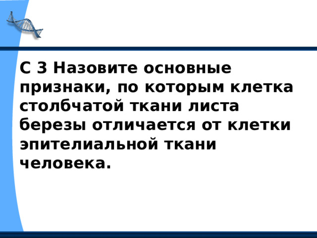С 3 Назовите основные признаки, по которым клетка столбчатой ткани листа березы отличается от клетки эпителиальной ткани человека. 