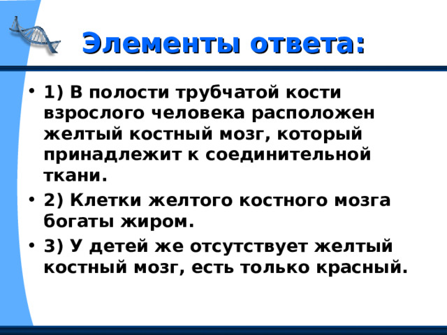 Элементы ответа: 1) В полости трубчатой кости взрослого человека расположен желтый костный мозг, который принадлежит к соединительной ткани. 2) Клетки желтого костного мозга богаты жиром. 3) У детей же отсутствует желтый костный мозг, есть только красный.  