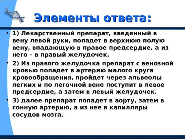 Элементы ответа: 1) Лекарственный препарат, введенный в вену левой руки, попадет в верхнюю полую вену, впадающую в правое предсердие, а из него – в правый желудочек. 2) Из правого желудочка препарат с венозной кровью попадет в артерию малого круга кровообращения, пройдет через альвеолы легких и по легочной вене поступит в левое предсердие, а затем в левый желудочек. 3) далее препарат попадет в аорту, затем в сонную артерию, а из нее в капилляры сосудов мозга. 