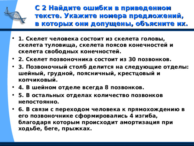 С 2 Найдите ошибки в приведенном тексте. Укажите номера предложений, в которых они допущены, объясните их. 1. Скелет человека состоит из скелета головы, скелета туловища, скелета поясов конечностей и скелета свободных конечностей. 2. Скелет позвоночника состоит из 30 позвонков. 3. Позвоночный столб делится на следующие отделы: шейный, грудной, поясничный, крестцовый и копчиковый. 4. В шейном отделе всегда 8 позвонков. 5. В остальных отделах количество позвонков непостоянно. 6. В связи с переходом человека к прямохождению в его позвоночнике сформировались 4 изгиба, благодаря которым происходит амортизация при ходьбе, беге, прыжках. 
