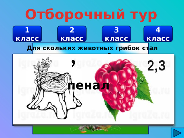 Отборочный тур 1 класс 2 класс 3 класс 4 класс Отгадайте ребус Отгадайте ребус Для скольких животных грибок стал  домиком? пенал для 10 животных рыбка арбуз 