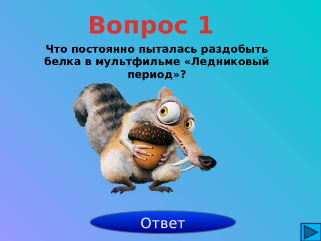 Вопрос 1 Что постоянно пыталась раздобыть белка в мультфильме «Ледниковый период»? жёлудь Ответ 