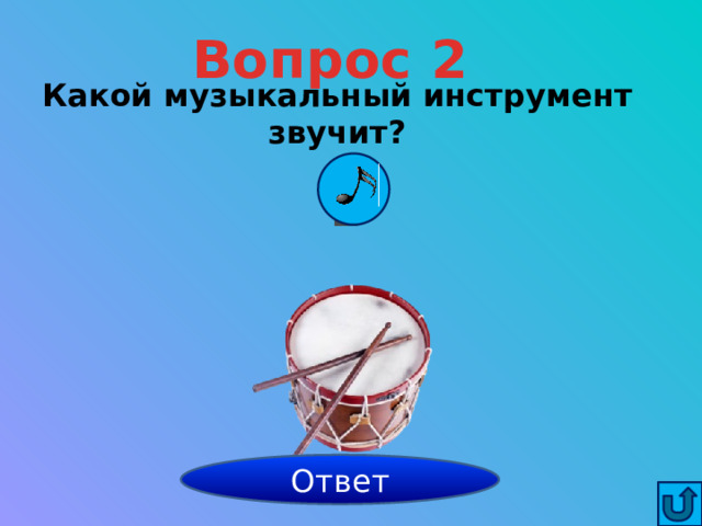Вопрос 2 Какой музыкальный инструмент звучит? барабан Ответ 