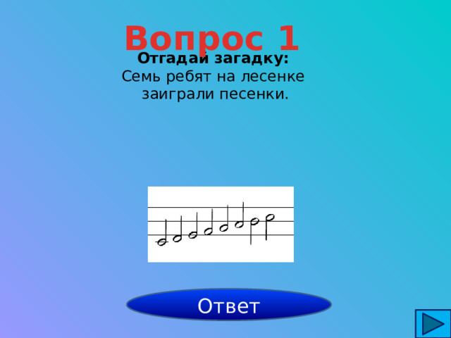 Вопрос 1 Отгадай загадку: Семь ребят на лесенке  заиграли песенки.  ноты Ответ 