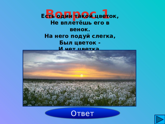 Вопрос 1 Есть один такой цветок,  Не вплетёшь его в венок.  На него подуй слегка,  Был цветок -  И нет цветка. одуванчик Ответ 