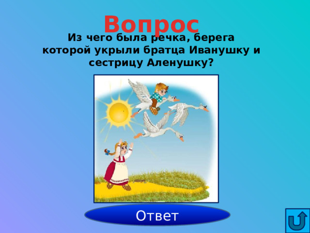 Вопрос Из чего была речка, берега которой укрыли братца Иванушку и сестрицу Аленушку?  из молока Ответ 