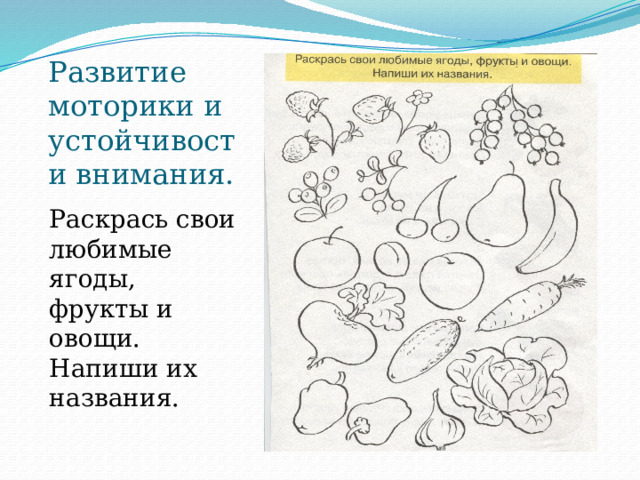 Развитие моторики и устойчивости внимания. Раскрась свои любимые ягоды, фрукты и овощи. Напиши их названия. 