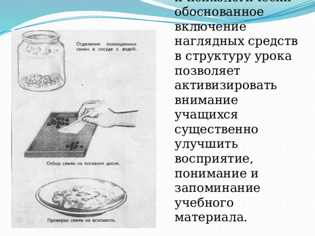 Целенаправленное и психологически обоснованное включение наглядных средств в структуру урока позволяет активизировать внимание учащихся существенно улучшить восприятие, понимание и запоминание учебного материала. 
