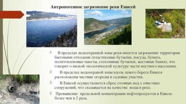 Антропогенное загрязнение реки Енисей  В пределах водоохранной зоны реки имеется загрязнение территории бытовыми отходами (пластиковые бутылки, посуда, бумага, полиэтиленовые пакеты, стеклянные бутылки, жестяные банки), что говорит о низкой экологической культуре части местного населения.  В пределах водоохраной зоны вдоль левого берега Енисея расположены частные огороды и садовые участки.  В Енисей осуществляется сброс сточных вод с очистных сооружений, что сказывается на качестве воды в реке.  Превышение предельной концентрации нефтепродуктов в Енисее более чем в 2 раза. 