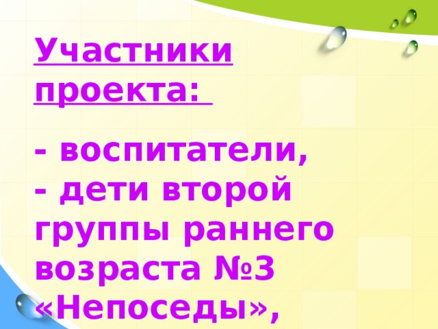 Участники проекта:  - воспитатели, - дети второй группы раннего возраста №3 «Непоседы», - родители.