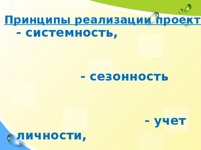 Принципы реализации проектов: - системность, - сезонность - учет личности, - учет возрастных особенностей, - взаимодействие с ребенком в условиях ДОУ и семьи