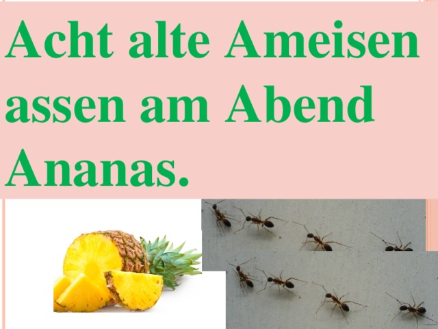 Acht alte Ameisen assen am Abend Ananas. 