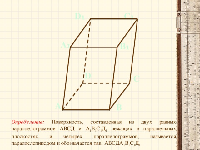 С ₁ D ₁ А ₁ В ₁ D С А В Определение: Поверхность, составленная из двух равных параллелограммов АВСД и А 1 В 1 С 1 Д 1 лежащих в параллельных плоскостях и четырех параллелограммов, называется параллелепипедом и обозначается так: АВСДА 1 В 1 С 1 Д 1