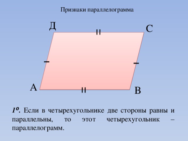 Признаки параллелограмма Д С А В 1 ⁰ . Если в четырехугольнике две стороны равны и параллельны, то этот четырехугольник – параллелограмм.