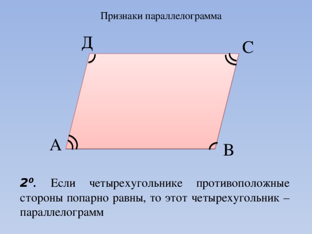 Признаки параллелограмма Д С А В 2⁰ . Если четырехугольнике противоположные стороны попарно равны, то этот четырехугольник – параллелограмм