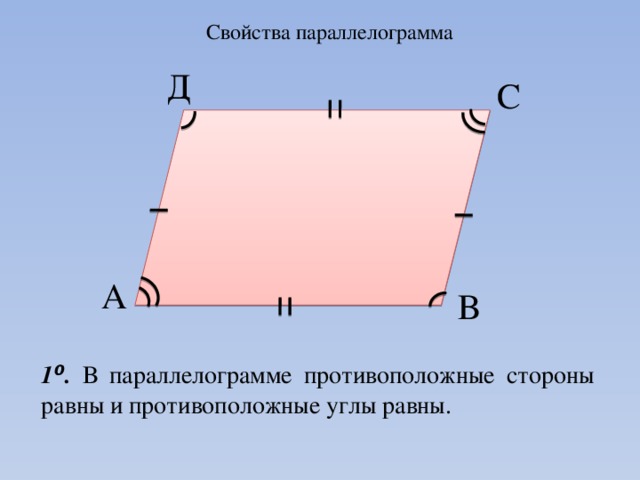 Свойства параллелограмма Д С А В 1 ⁰ . В параллелограмме противоположные стороны равны и противоположные углы равны.