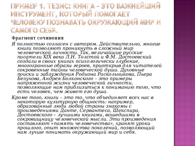 Фрагмент сочинения Я полностью согласен с автором. Действительно, многие книги позволяют проникнуть в сложный мир человеческой личности. Так, величайшие русские писатели XIX века Л.Н. Толстой и Ф.М. Достоевский создали в своих книгах психологически глубокие, многогранные образы героев, приоткрыв для читателей сокровенные тайны человеческой души. Духовные поиски и заблуждения Родиона Раскольникова, Пьера Безухова, Андрея Болконского – это примеры напряженной жизни человеческой личности, позволяющие нам приблизиться к пониманию того, что есть человек, чем живет его душа. Кроме того, книги – это то, что объединяет всех нас в некоторую культурную общность: например, образованные люди любой страны знакомы с произведениями Данте, Сервантеса, Шекспира, Достоевского – лучшими книгами, вошедшими в сокровищницу человеческой мысли. Эти произведения составляют «память человечества», хранят уроки прошлого, опыт множества поколений, позволяющий нам лучше понимать окружающий мир и себя. 