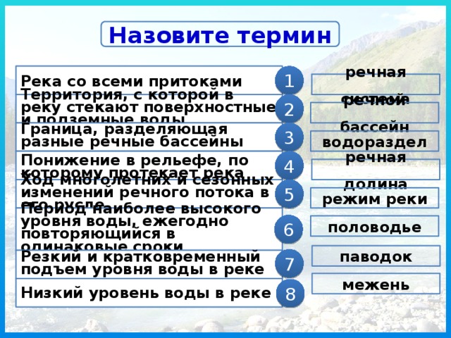 Кратковременное поднятие воды в реке. Термины реки. Территория с которой в реку стекают поверхностные и подземные воды. Как называется территория с которой вся вода стекает в реку. Речные термины словарь.