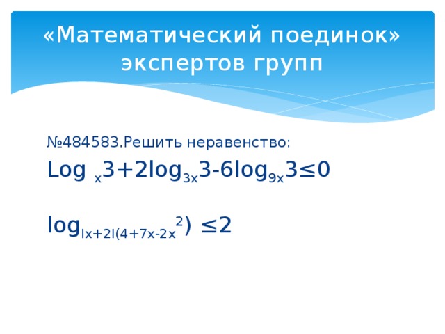 «Математический поединок» экспертов групп № 484583.Решить неравенство: Log x 3+2log 3x 3-6log 9x 3≤0 log Ix+2I(4+7x-2x 2 ) ≤2