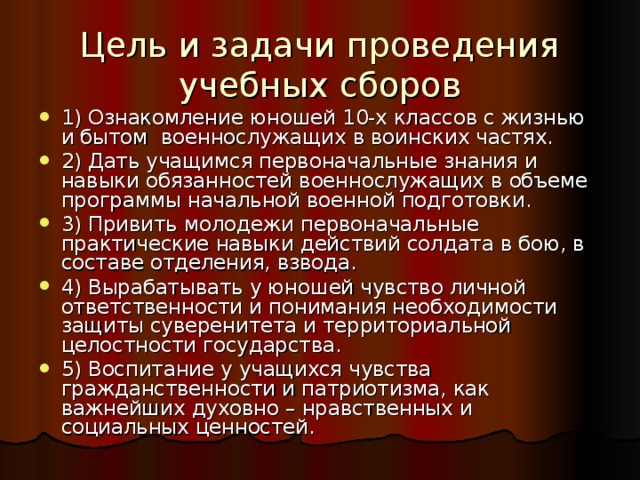 План проведения учебных сборов с учащимися 10 класса на базе школы