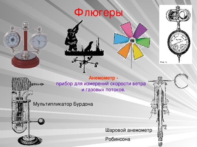 Флюгеры   Анемометр - прибор для измерений скорости ветра и газовых потоков. Мультипликатор Бурдона Шаровой анемометр Робинсона 