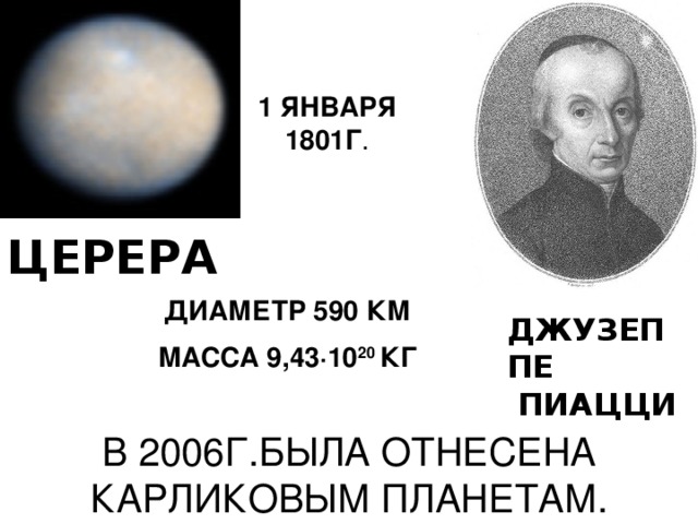 1 ЯНВАРЯ 1801Г . ЦЕРЕРА ДИАМЕТР 590 КМ МАССА 9,43 ∙10 20 КГ ДЖУЗЕППЕ  ПИАЦЦИ В 2006Г.БЫЛА ОТНЕСЕНА КАРЛИКОВЫМ ПЛАНЕТАМ. 