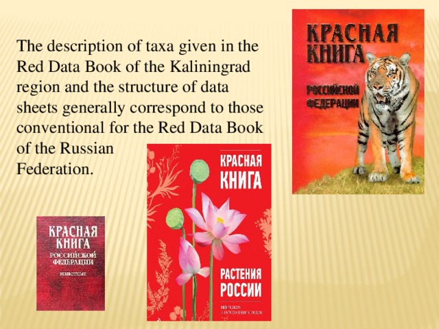 The description of taxa given in the Red Data Book of the Kaliningrad region and the structure of data sheets generally correspond to those conventional for the Red Data Book of the Russian Federation.