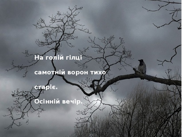 На голій гілці самотній ворон тихо старіє. Осінній вечір. 