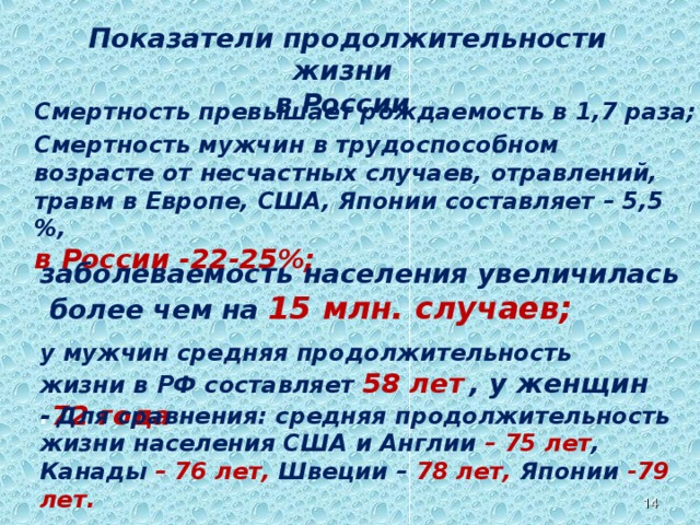 Показатели продолжительности жизни в России Смертность превышает рождаемость в 1,7 раза; Смертность мужчин в трудоспособном возрасте от несчастных случаев, отравлений, травм в Европе, США, Японии составляет – 5,5 %, в России -22-25%;  заболеваемость населения увеличилась  более чем на 15 млн. случаев; у мужчин средняя продолжительность жизни в РФ составляет 58 лет  , у женщин - 72 года . Для сравнения: средняя продолжительность жизни населения США и Англии – 75 лет , Канады – 76 лет,  Швеции – 78 лет, Японии -79 лет. 12 