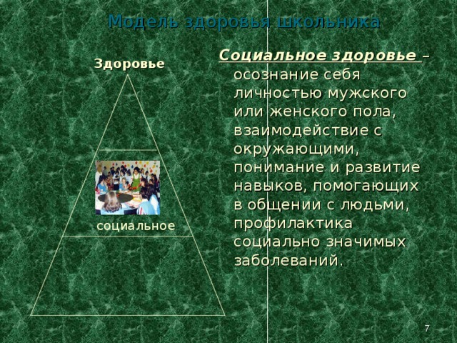 Модель здоровья школьника   Социальное здоровье –  осознание себя личностью мужского или женского пола, взаимодействие с окружающими, понимание и развитие навыков, помогающих в общении с людьми, профилактика социально значимых заболеваний. Здоровье социальное На основе физического формируется социальное здоровье человека.   