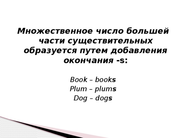 Множественное число большей части существительных образуется путем добавления окончания  -s: Book – book s Plum – plum s Dog – dog s    