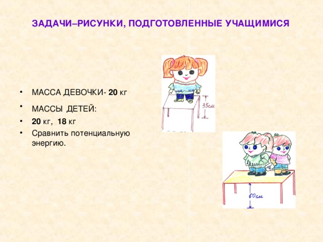 ЗАДАЧИ–РИСУНКИ, ПОДГОТОВЛЕННЫЕ УЧАЩИМИСЯ    МАССА ДЕВОЧКИ- 20 кг МАССЫ  ДЕТЕЙ: 20 кг, 18 кг Сравнить потенциальную энергию. 