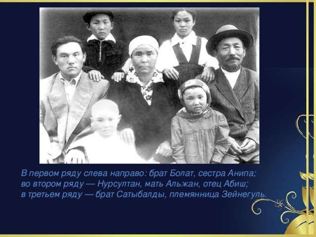 В первом ряду слева направо: брат Болат, сестра Анипа; во втором ряду — Нурсултан, мать Альжан, отец Абиш; в третьем ряду — брат Сатыбалды, племянница Зейнегуль. 