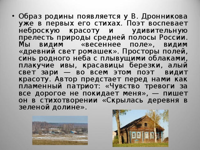 Образ родины появляется у В. Дронникова уже в первых его стихах. Поэт воспевает неброскую красоту и удивительную прелесть природы средней полосы России. Мы видим «весеннее поле», видим «древний свет ромашек». Просторы полей, синь родного неба с плывущими облаками, плакучие ивы, красавицы березки, алый свет зари — во всем этом поэт видит красоту. Автор предстает перед нами как пламенный патриот: «Чувство тревоги за все дорогое не покидает меня», — пишет он в стихотворении «Скрылась деревня в зеленой долине». 