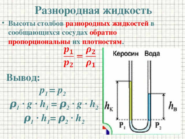 Разнородная жидкость Высоты столбов разнородных жидкостей в сообщающихся сосудах обратно пропорциональны их плотностям . Вывод: р 1 = р 2  ρ 1 ∙ g ∙ h 1 = ρ 2 ∙ g ∙ h 2 ρ 1 ∙ h 1 = ρ 2 ∙ h 2 