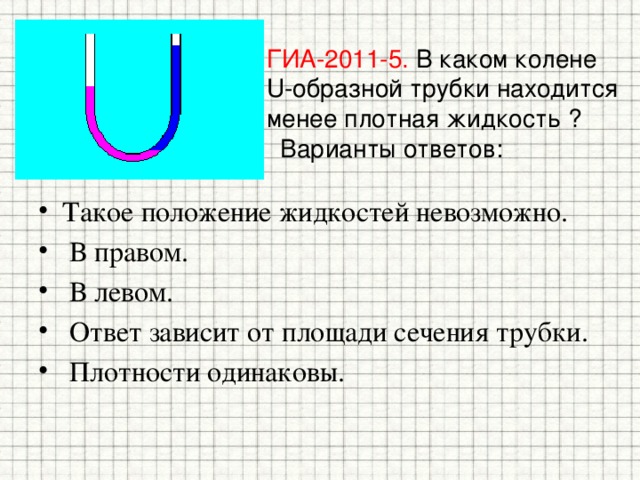 ГИА-2011-5. В каком колене U-образной трубки находится менее плотная жидкость ?    Варианты ответов: Такое положение жидкостей невозможно.   В правом.   В левом.   Ответ зависит от площади сечения трубки.   Плотности одинаковы. 