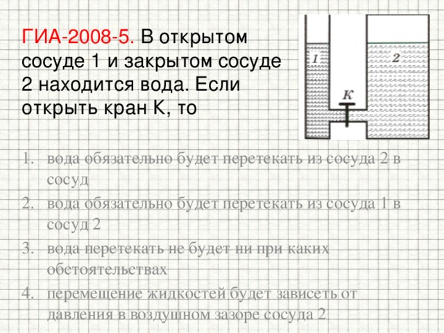 ГИА-2008-5. В открытом сосуде 1 и закрытом сосуде 2 находится вода. Если открыть кран К, то вода обязательно будет перетекать из сосуда 2 в сосуд вода обязательно будет перетекать из сосуда 1 в сосуд 2 вода перетекать не будет ни при каких  обстоятельствах перемещение жидкостей будет зависеть от  давления в воздушном зазоре сосуда 2 