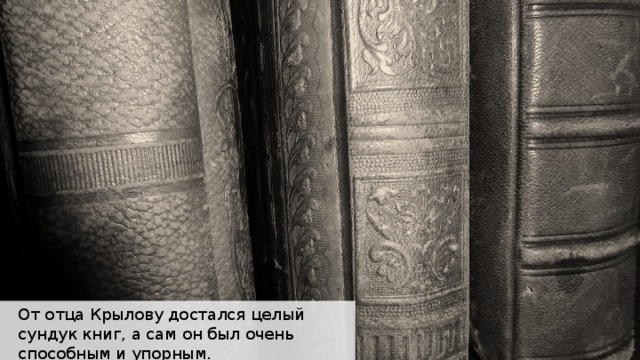 От отца Крылову достался целый сундук книг, а сам он был очень способным и упорным. 