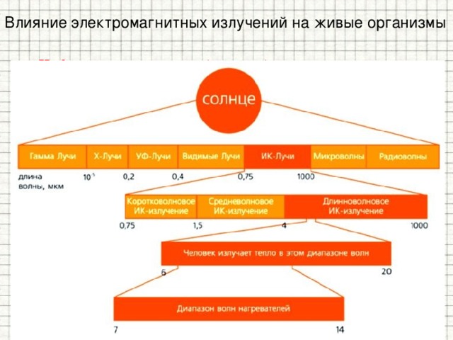 Влияние электромагнитных излучений на живые организмы Инфракрасное излучение (тепловое) - излучается атомами или молекулами вещества. Инфракрасное излучение дают все тела при любой температуре . Свойства : • проходит через некоторые непрозрачные тела, а также сквозь дождь, дымку, снег, туман; • производит химическое действие (фототгластинки); • поглощаясь веществом, нагревает его; • невидимо; • способно к явлениям интерференции и дифракции; • регистрируется тепловыми методами. Применение : прибор ночного видения, криминалистика, физиотерапия, в промышленности для сушки изделий, древесины, фруктов. 