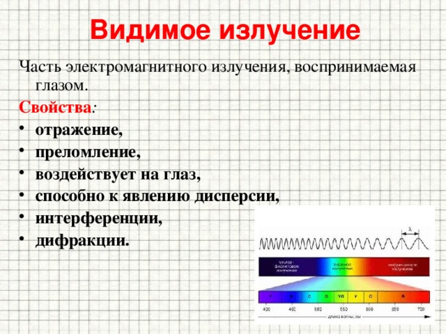 Видимое излучение Часть электромагнитного излучения, воспринимаемая глазом. Свойства :  отражение, преломление, воздействует на глаз, способно к явлению дисперсии, интерференции, дифракции. 
