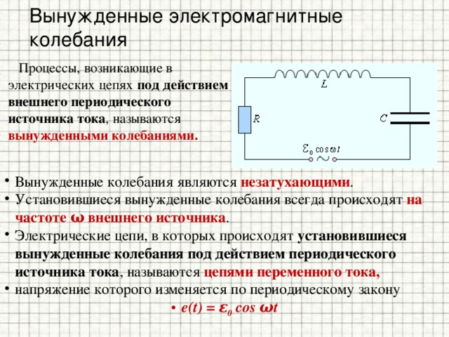 Вынужденные электромагнитные колебания Процессы, возникающие в электрических цепях под действием внешнего периодического источника тока , называются вынужденными колебаниями. Вынужденные колебания являются незатухающими . Установившиеся вынужденные колебания всегда происходят на частоте ω внешнего источника . Электрические цепи, в которых происходят установившиеся вынужденные колебания под действием периодического источника тока , называются цепями переменного тока, напряжение которого изменяется по периодическому закону e(t) =  ε 0  cos ωt 