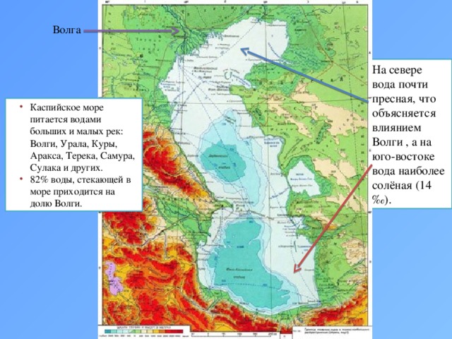 Волга На севере вода почти пресная, что объясняется влиянием Волги , а на юго-востоке вода наиболее солёная (14 ‰). Каспийское море питается водами больших и малых рек: Волги, Урала, Куры, Аракса, Терека, Самура, Сулака и других. 82% воды, стекающей в море приходится на долю Волги. 