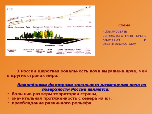 Схема «Взаимосвязь зонального типа почв с климатом и растительностью»  В России широтная зональность почв выражена ярче, чем в других странах мира.   Важнейшими факторами зонального размещения почв по поверхности России являются:   большие размеры территории страны,  значительная протяженность с севера на юг,  преобладание равнинного рельефа.  
