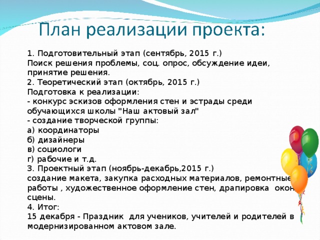 Реализация конкурсов. Ожидаемые Результаты реализации проекта актовый зал. Паспорт проекта актового зала образец.